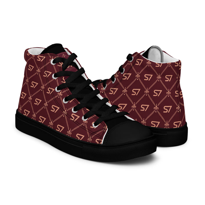 S7 Burgundy Royale women’s high-top canvas sneakers featuring rose-gold-tone S7 monograms and ornate diamond lattice on burgundy with black accents.