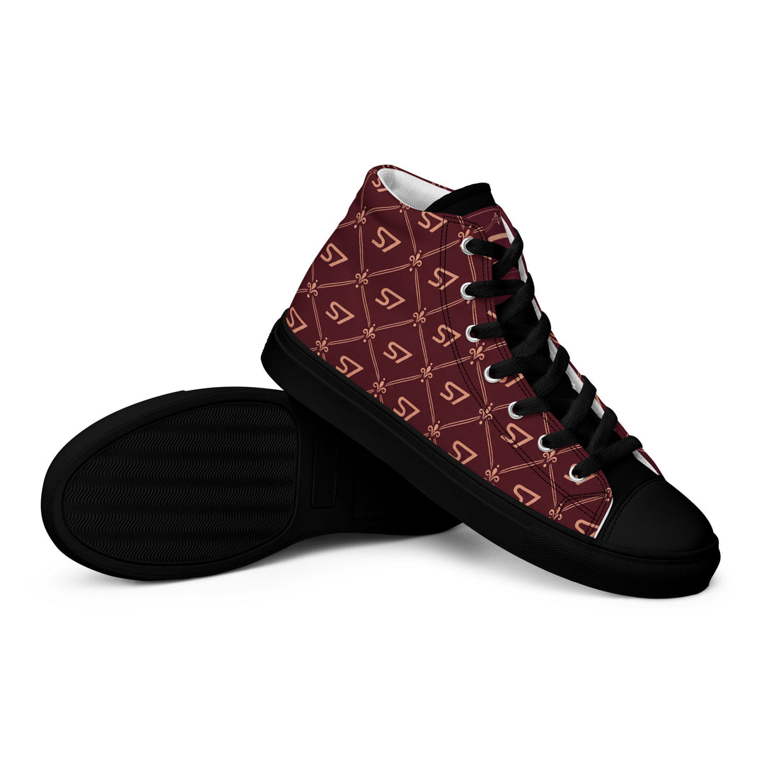 S7 Burgundy Royale women’s high-top canvas sneakers featuring rose-gold-tone S7 monograms and ornate diamond lattice on burgundy with black accents.
