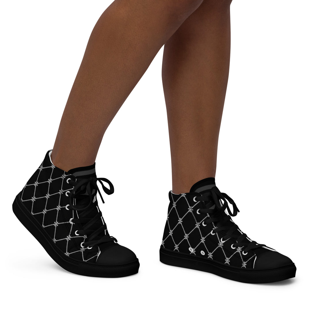 S7 Noir Lattice women’s sneakers featuring a fine white diamond lattice and ornamental print on a black background.