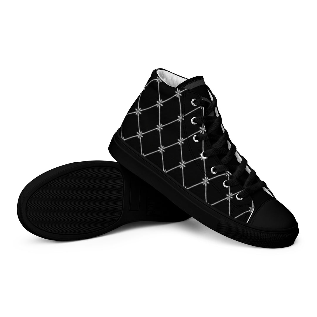 S7 Noir Lattice women’s sneakers featuring a fine white diamond lattice and ornamental print on a black background.