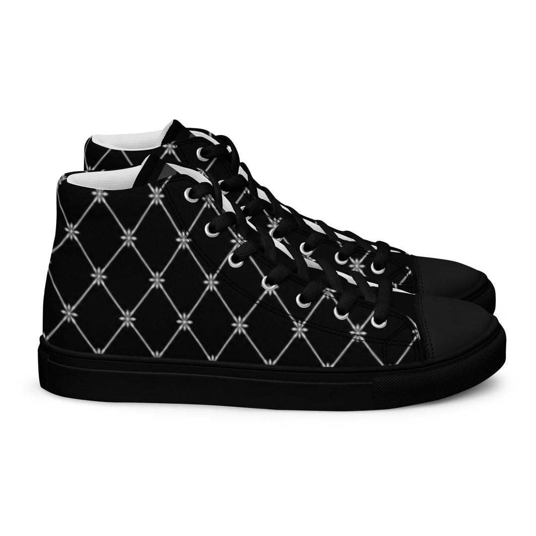 S7 Noir Lattice women’s sneakers featuring a fine white diamond lattice and ornamental print on a black background.