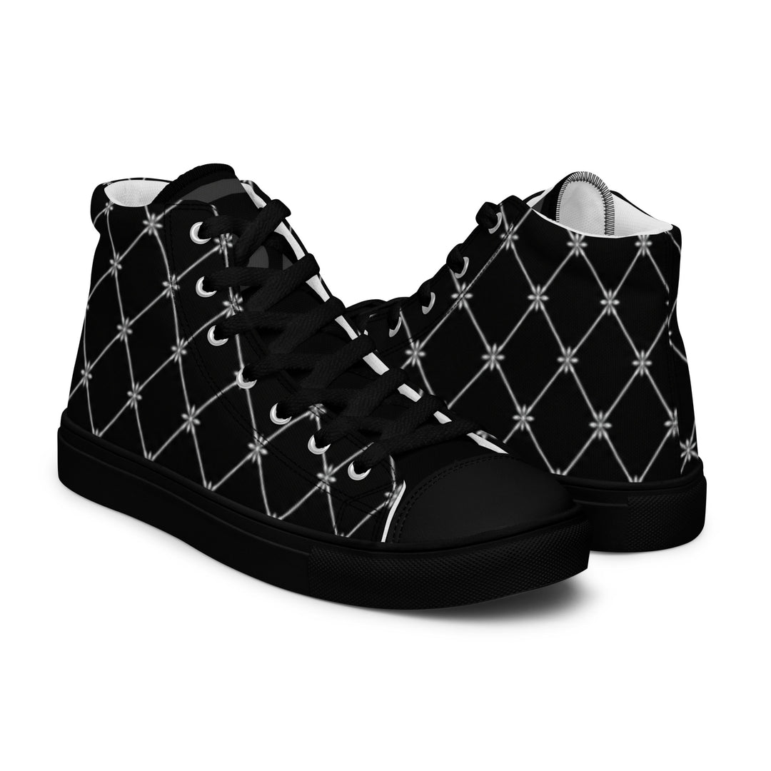 S7 Noir Lattice women’s sneakers featuring a fine white diamond lattice and ornamental print on a black background.