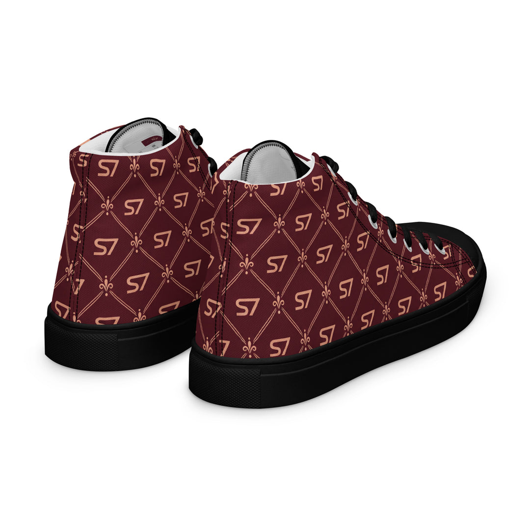 S7 Burgundy Royale women’s high-top canvas sneakers featuring rose-gold-tone S7 monograms and ornate diamond lattice on burgundy with black accents.