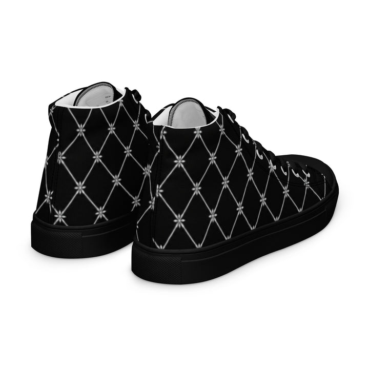 S7 Noir Lattice women’s sneakers featuring a fine white diamond lattice and ornamental print on a black background.