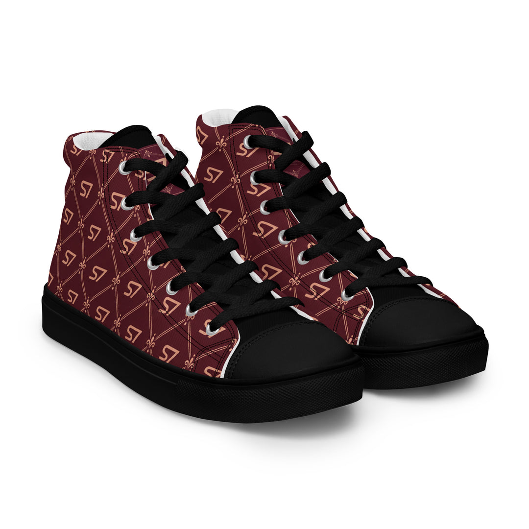 S7 Burgundy Royale women’s high-top canvas sneakers featuring rose-gold-tone S7 monograms and ornate diamond lattice on burgundy with black accents.
