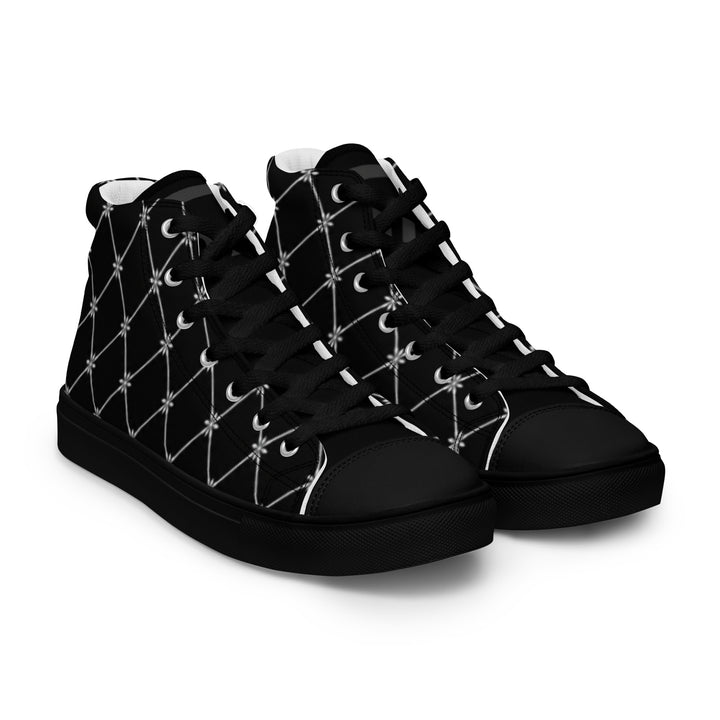 S7 Noir Lattice women’s sneakers featuring a fine white diamond lattice and ornamental print on a black background.