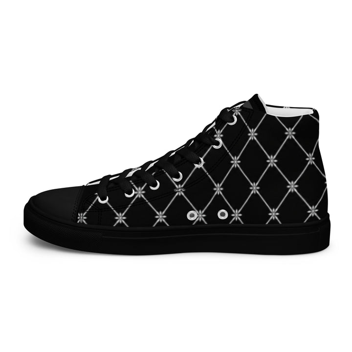 S7 Noir Lattice women’s sneakers featuring a fine white diamond lattice and ornamental print on a black background.