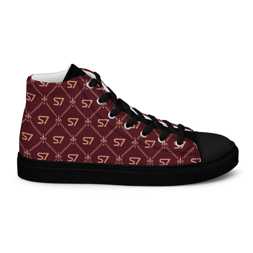 S7 Burgundy Royale women’s high-top canvas sneakers featuring rose-gold-tone S7 monograms and ornate diamond lattice on burgundy with black accents.