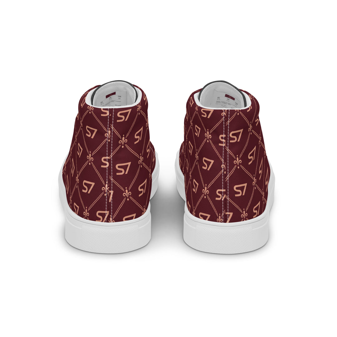 S7 Burgundy Royale women’s high-top canvas sneakers featuring rose-gold-tone S7 monograms and ornate diamond lattice on burgundy with black accents.