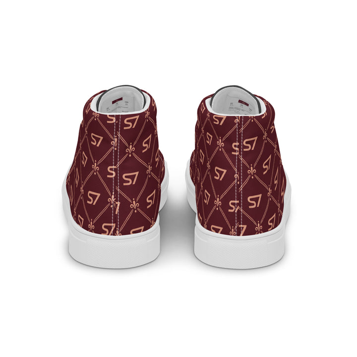 S7 Burgundy Royale women’s high-top canvas sneakers featuring rose-gold-tone S7 monograms and ornate diamond lattice on burgundy with black accents.