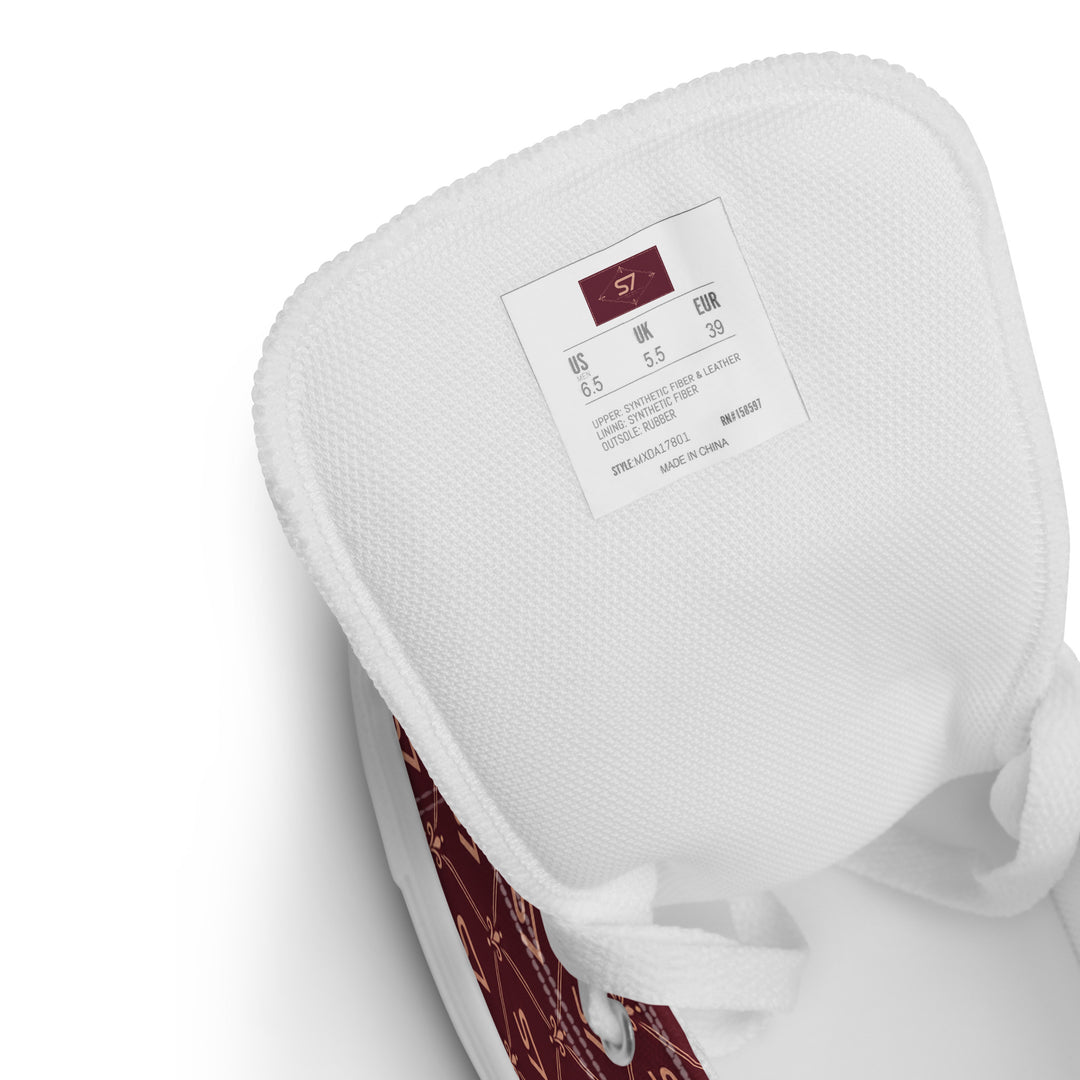 S7 Burgundy Royale women’s high-top canvas sneakers featuring rose-gold-tone S7 monograms and ornate diamond lattice on burgundy with black accents.