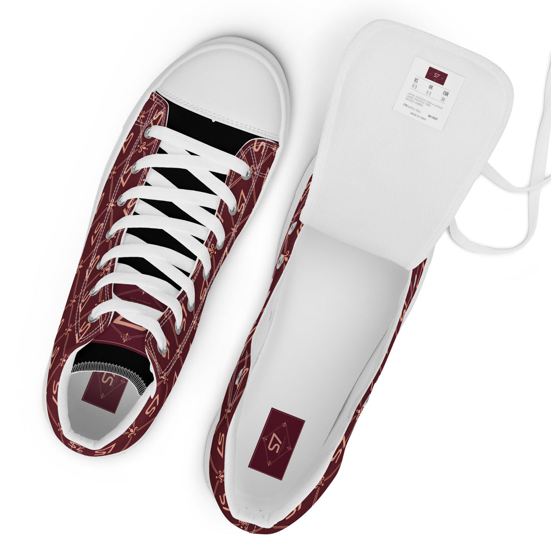 S7 Burgundy Royale women’s high-top canvas sneakers featuring rose-gold-tone S7 monograms and ornate diamond lattice on burgundy with black accents.