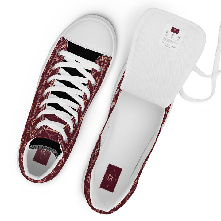 S7 Burgundy Royale women’s high-top canvas sneakers featuring rose-gold-tone S7 monograms and ornate diamond lattice on burgundy with black accents.