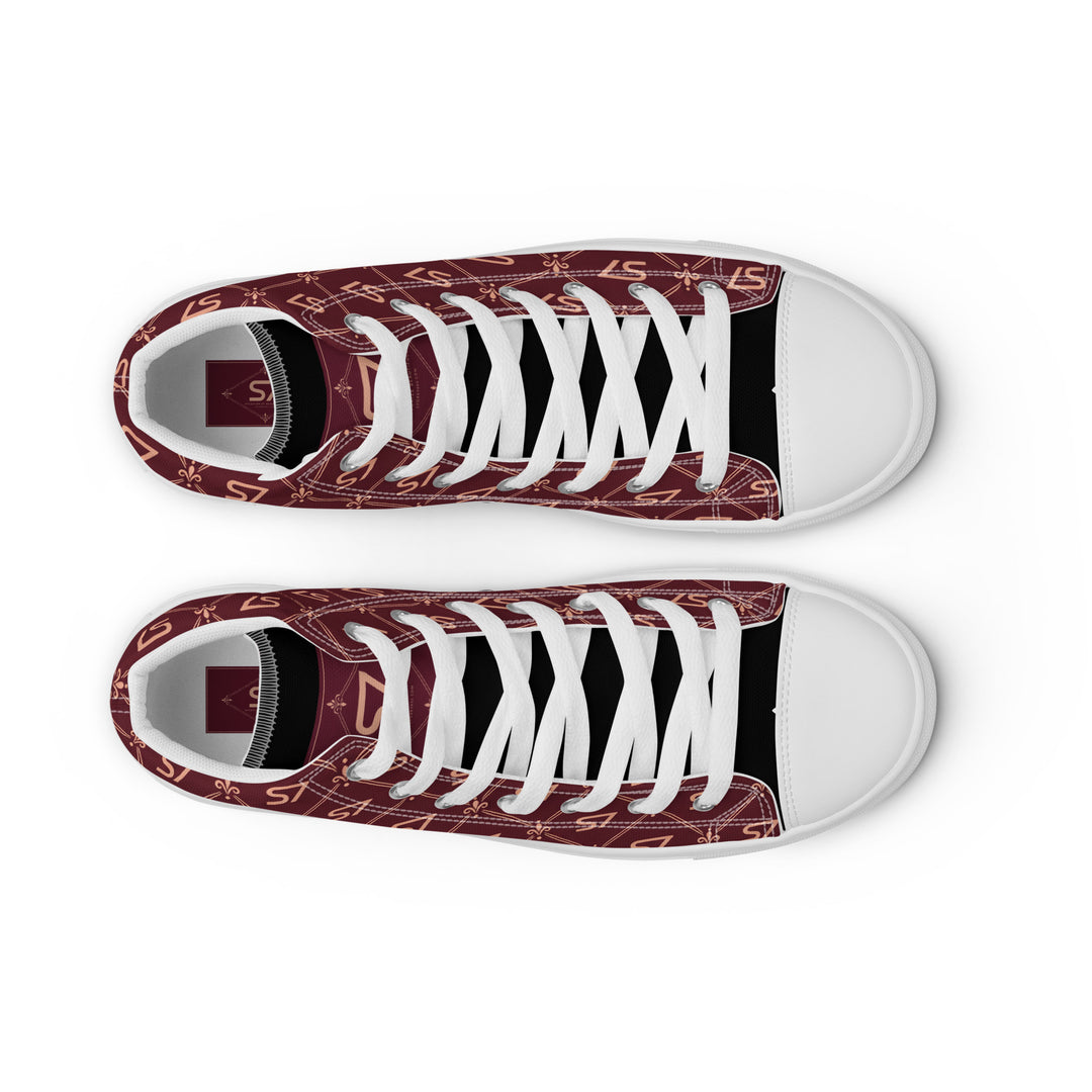S7 Burgundy Royale women’s high-top canvas sneakers featuring rose-gold-tone S7 monograms and ornate diamond lattice on burgundy with black accents.
