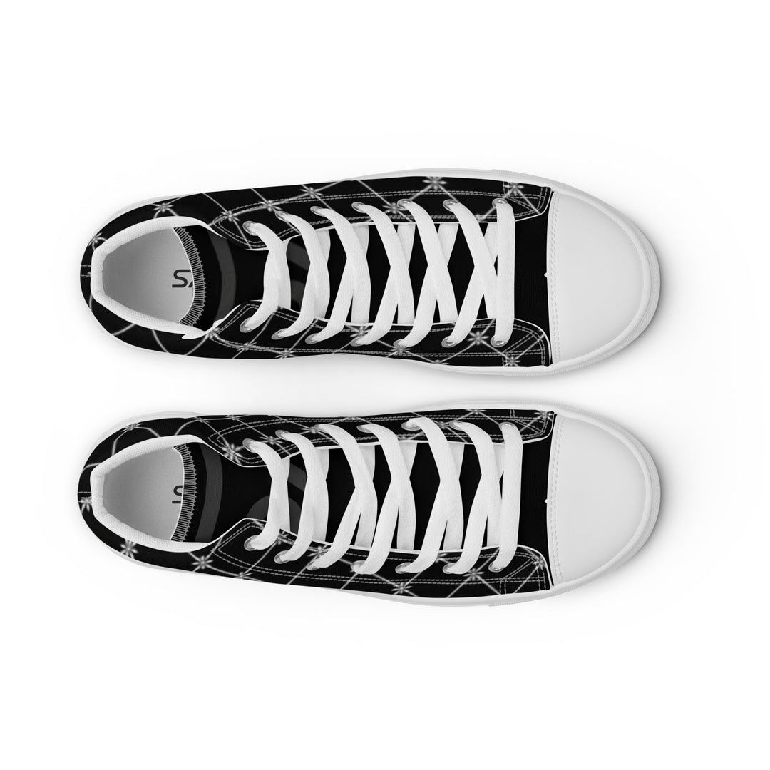 S7 Noir Lattice women’s sneakers featuring a fine white diamond lattice and ornamental print on a black background.