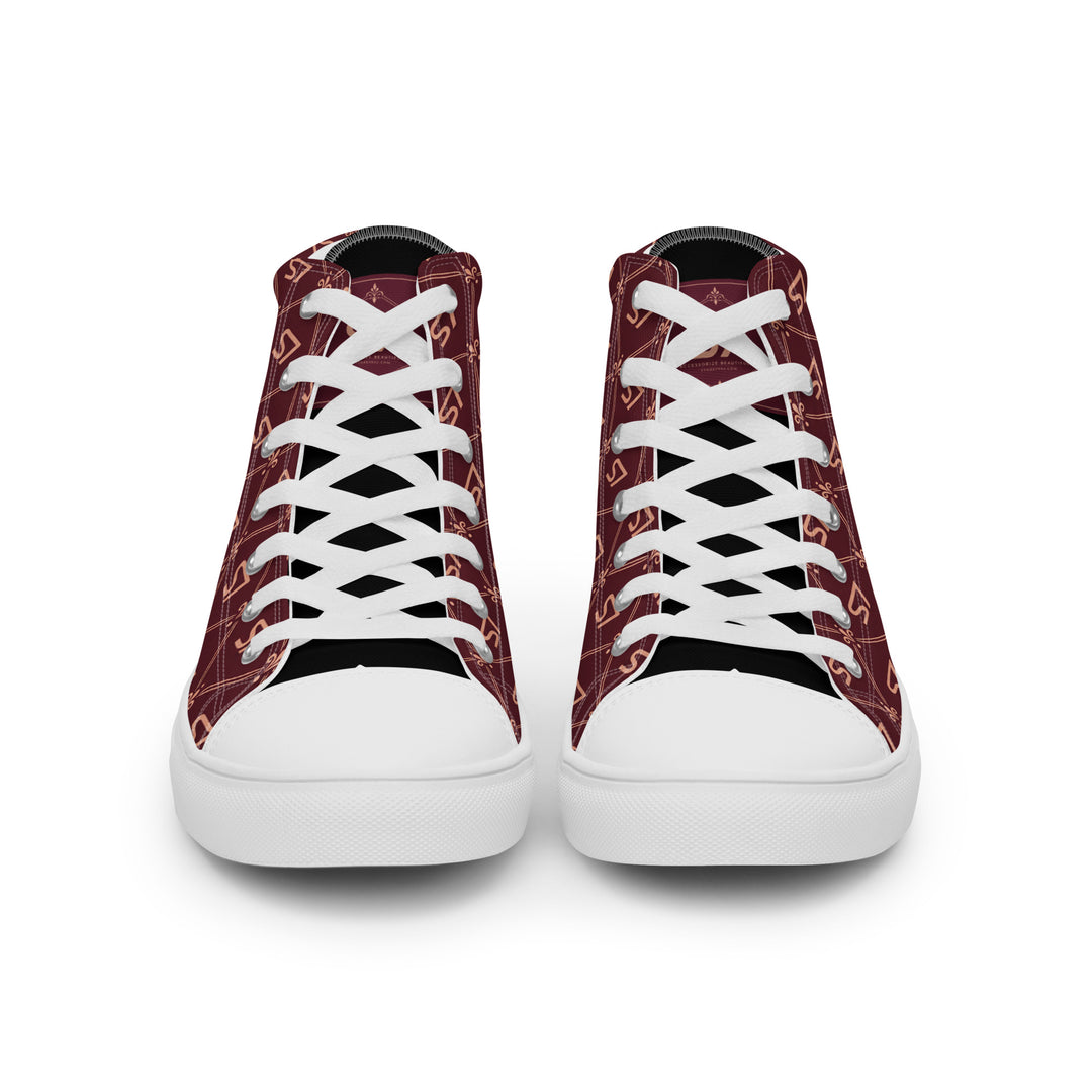 S7 Burgundy Royale women’s high-top canvas sneakers featuring rose-gold-tone S7 monograms and ornate diamond lattice on burgundy with black accents.