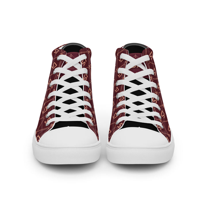 S7 Burgundy Royale women’s high-top canvas sneakers featuring rose-gold-tone S7 monograms and ornate diamond lattice on burgundy with black accents.