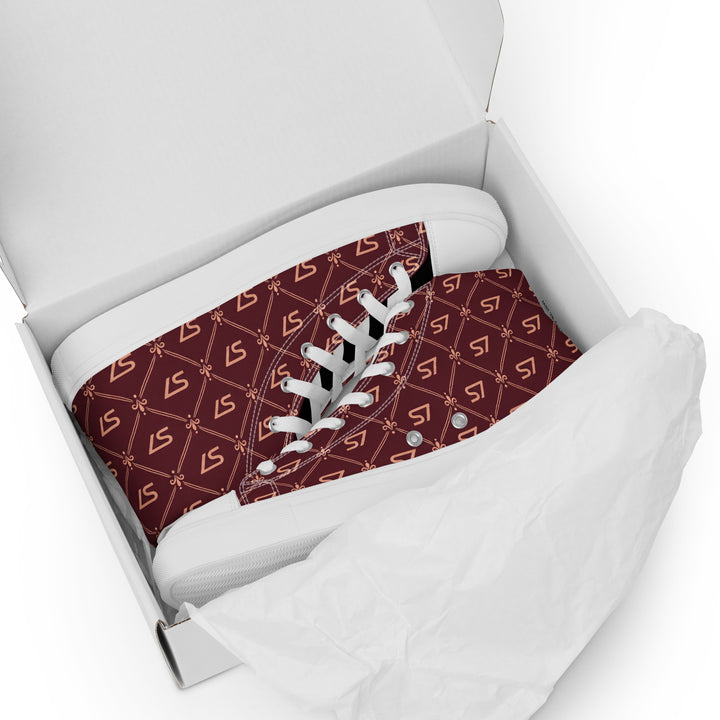 S7 Burgundy Royale women’s high-top canvas sneakers featuring rose-gold-tone S7 monograms and ornate diamond lattice on burgundy with black accents.