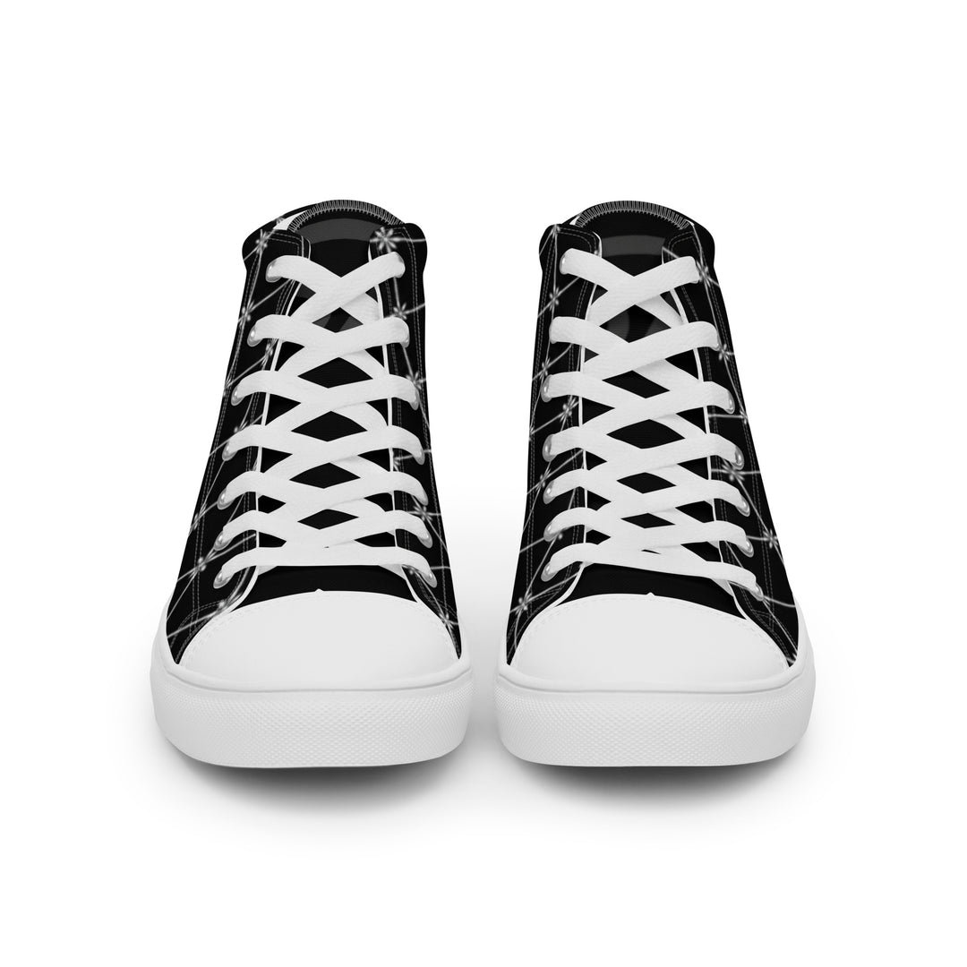 S7 Noir Lattice women’s sneakers featuring a fine white diamond lattice and ornamental print on a black background.