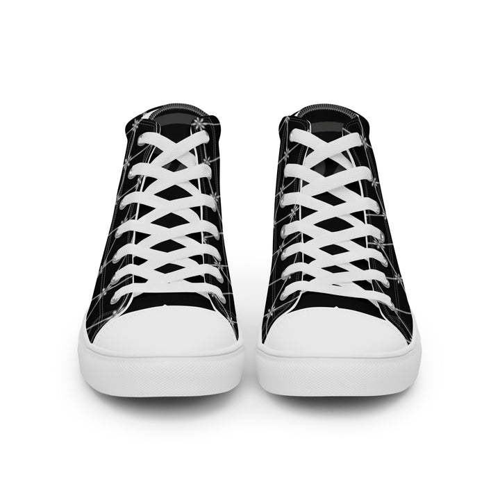 S7 Noir Lattice women’s sneakers featuring a fine white diamond lattice and ornamental print on a black background.