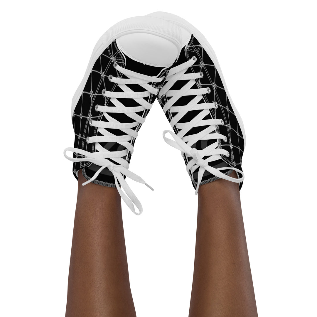 S7 Noir Lattice women’s sneakers featuring a fine white diamond lattice and ornamental print on a black background.