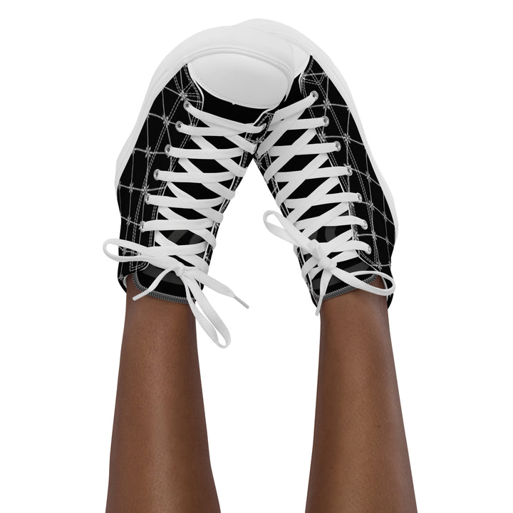 S7 Noir Lattice women’s sneakers featuring a fine white diamond lattice and ornamental print on a black background.