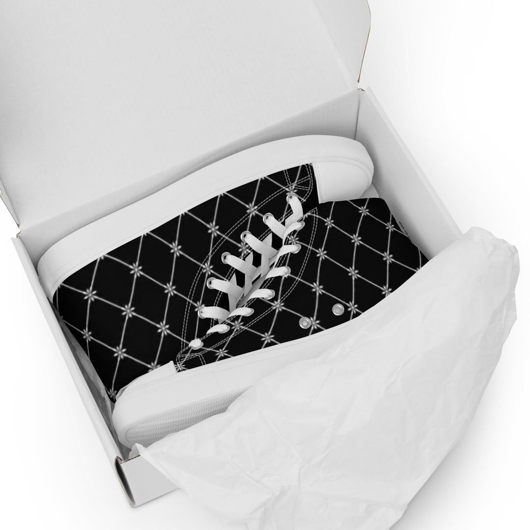 S7 Noir Lattice women’s sneakers featuring a fine white diamond lattice and ornamental print on a black background.