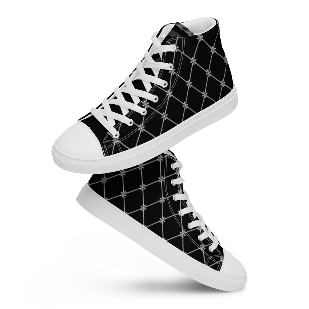 S7 Noir Lattice women’s sneakers featuring a fine white diamond lattice and ornamental print on a black background.