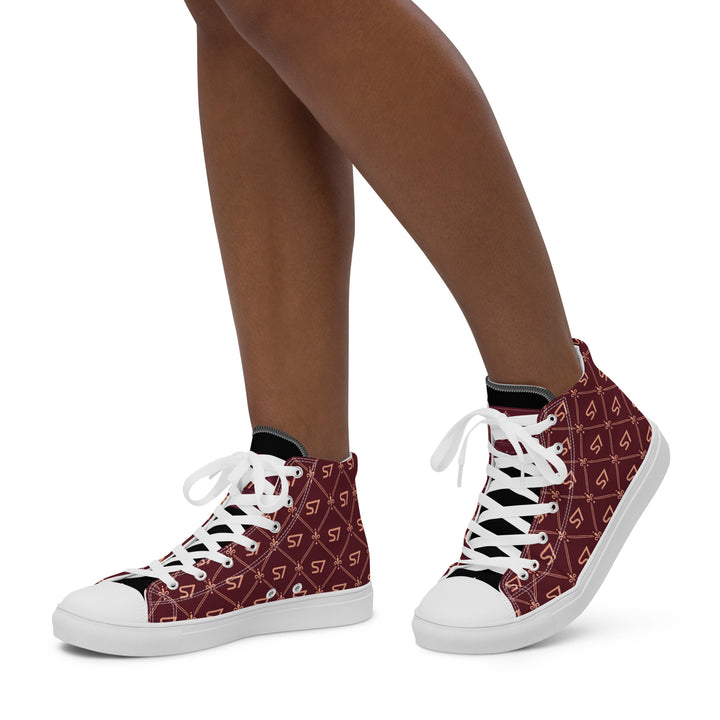 S7 Burgundy Royale women’s high-top canvas sneakers featuring rose-gold-tone S7 monograms and ornate diamond lattice on burgundy with black accents.