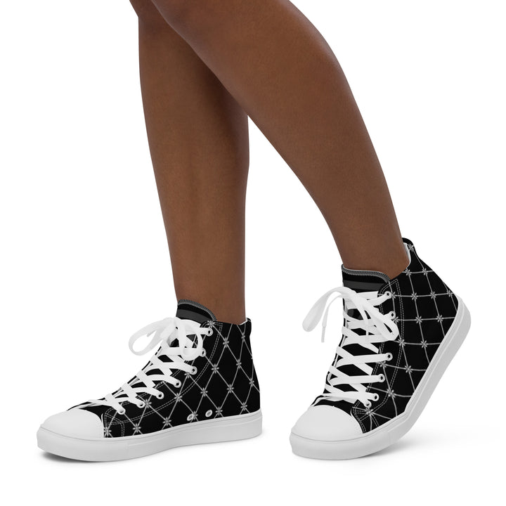 S7 Noir Lattice women’s sneakers featuring a fine white diamond lattice and ornamental print on a black background.