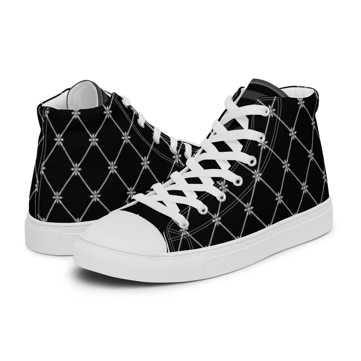 S7 Noir Lattice women’s sneakers featuring a fine white diamond lattice and ornamental print on a black background.