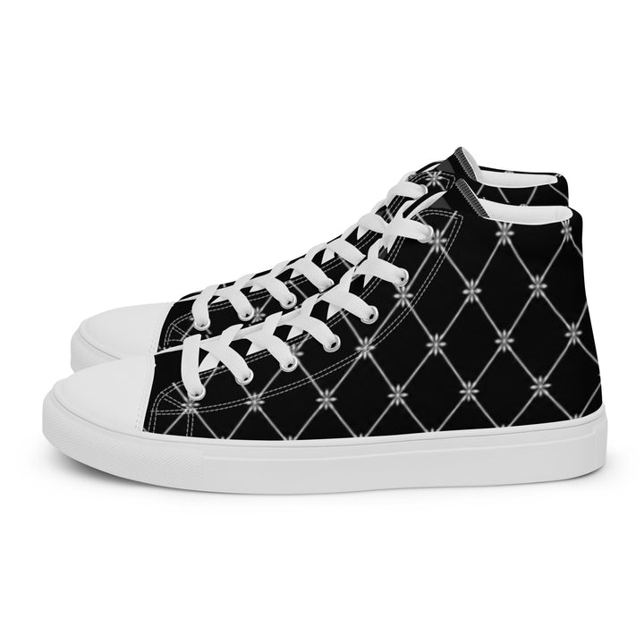 S7 Noir Lattice women’s sneakers featuring a fine white diamond lattice and ornamental print on a black background.