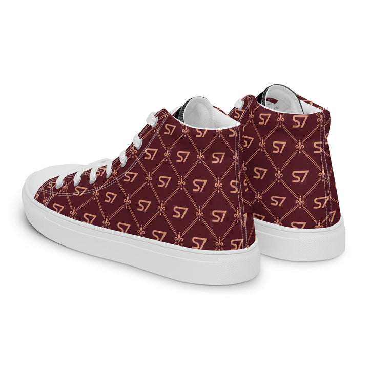 S7 Burgundy Royale women’s high-top canvas sneakers featuring rose-gold-tone S7 monograms and ornate diamond lattice on burgundy with black accents.