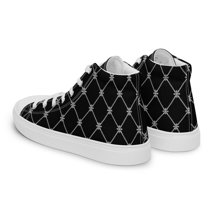 S7 Noir Lattice women’s sneakers featuring a fine white diamond lattice and ornamental print on a black background.