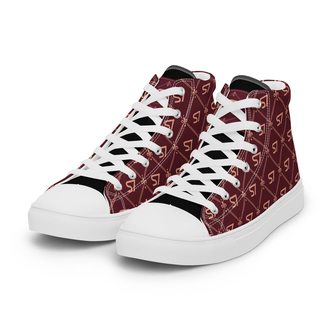 S7 Burgundy Royale women’s high-top canvas sneakers featuring rose-gold-tone S7 monograms and ornate diamond lattice on burgundy with black accents.
