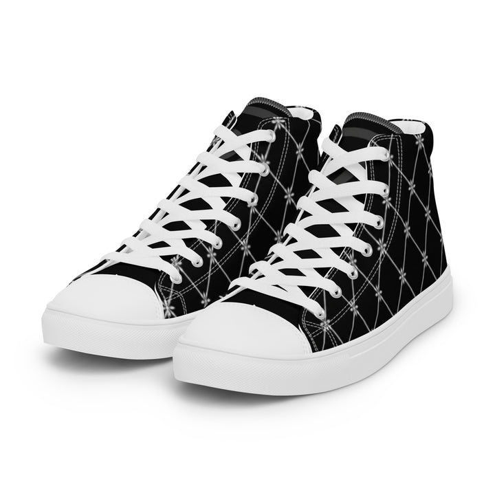 S7 Noir Lattice women’s sneakers featuring a fine white diamond lattice and ornamental print on a black background.