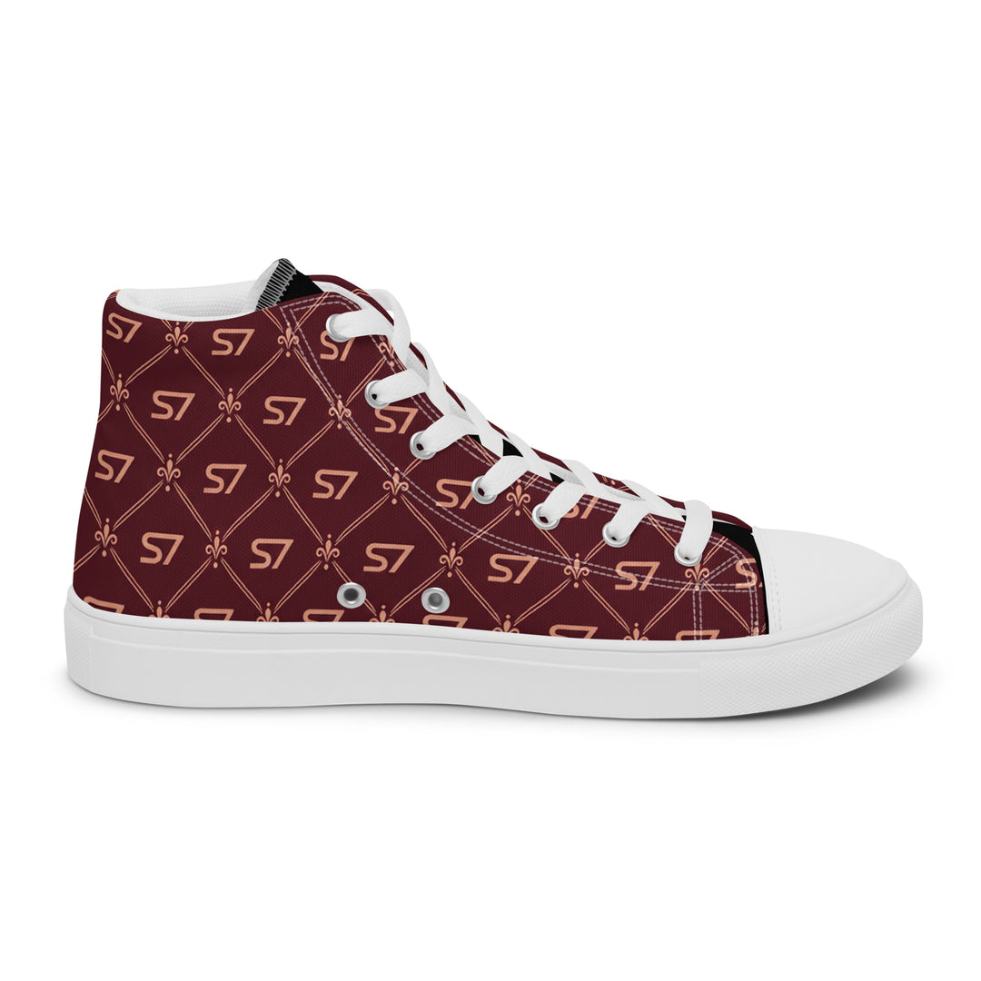 S7 Burgundy Royale women’s high-top canvas sneakers featuring rose-gold-tone S7 monograms and ornate diamond lattice on burgundy with black accents.