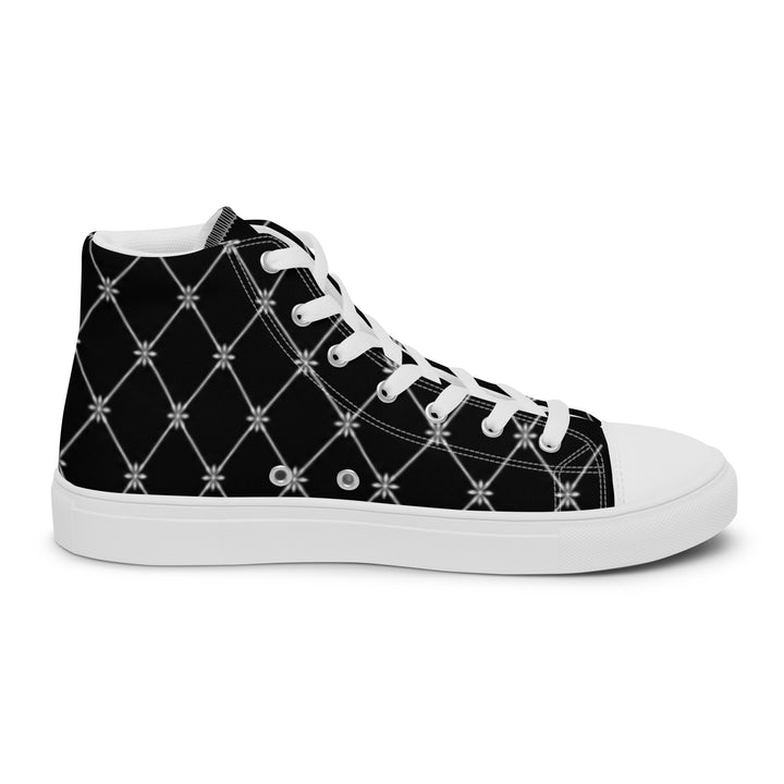 S7 Noir Lattice women’s sneakers featuring a fine white diamond lattice and ornamental print on a black background.