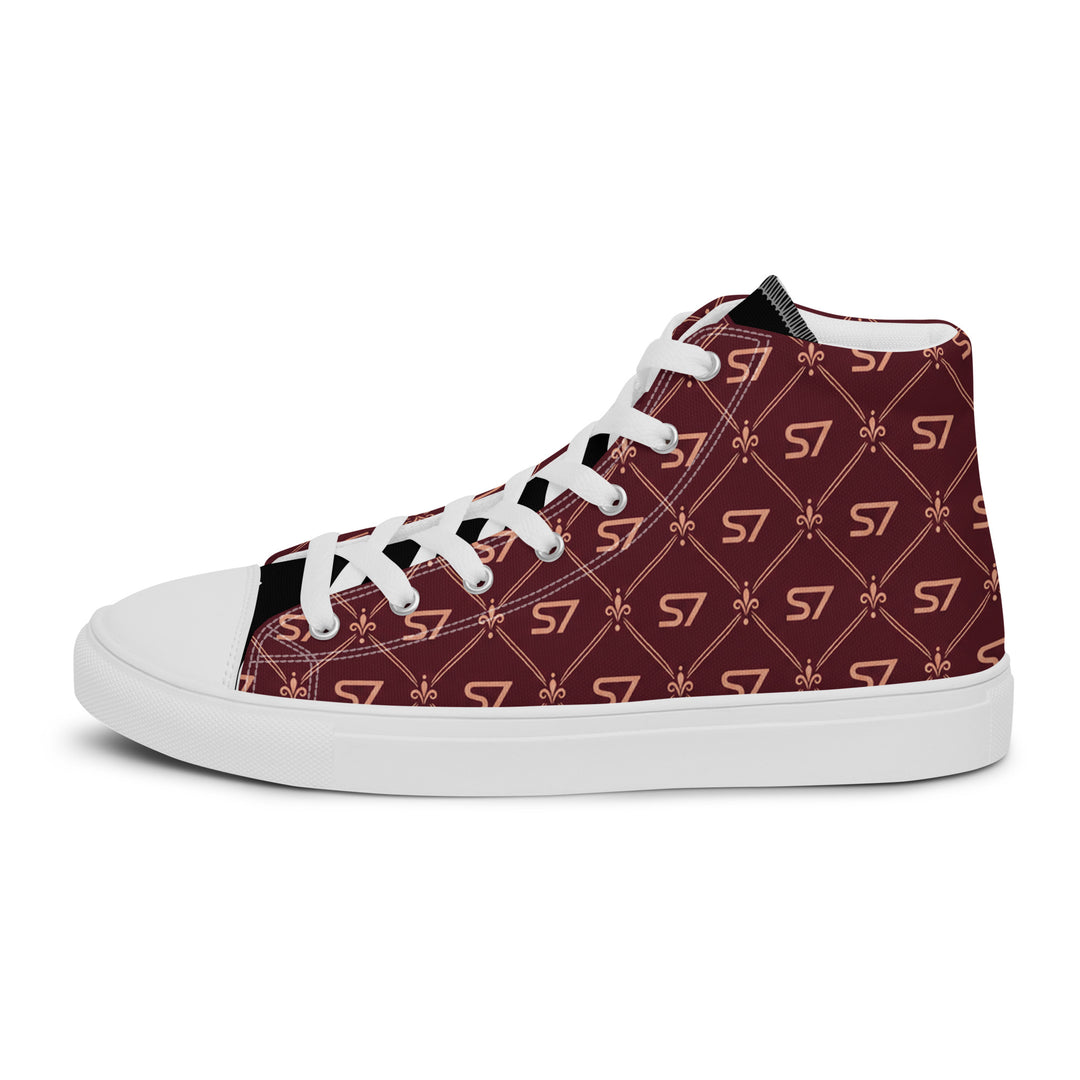 S7 Burgundy Royale women’s high-top canvas sneakers featuring rose-gold-tone S7 monograms and ornate diamond lattice on burgundy with black accents.