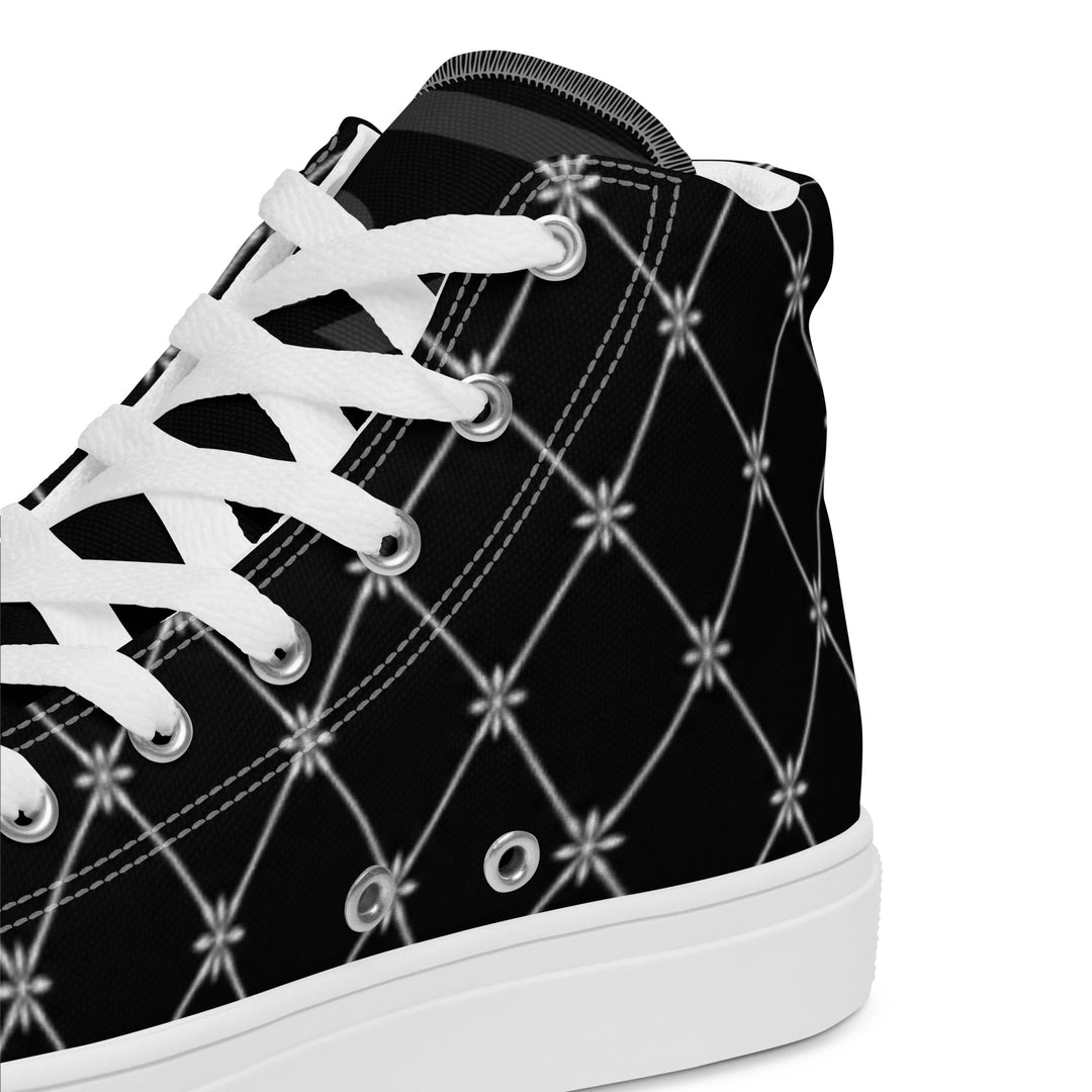S7 Noir Lattice women’s sneakers featuring a fine white diamond lattice and ornamental print on a black background.