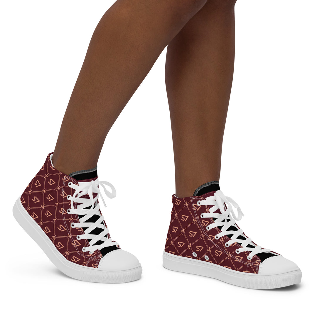 S7 Burgundy Royale women’s high-top canvas sneakers featuring rose-gold-tone S7 monograms and ornate diamond lattice on burgundy with black accents.