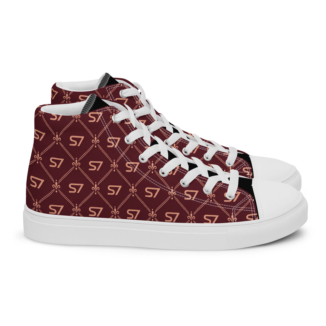 S7 Burgundy Royale women’s high-top canvas sneakers featuring rose-gold-tone S7 monograms and ornate diamond lattice on burgundy with black accents.