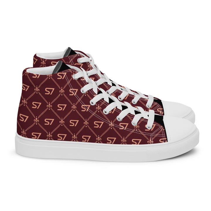 S7 Burgundy Royale women’s high-top canvas sneakers featuring rose-gold-tone S7 monograms and ornate diamond lattice on burgundy with black accents.