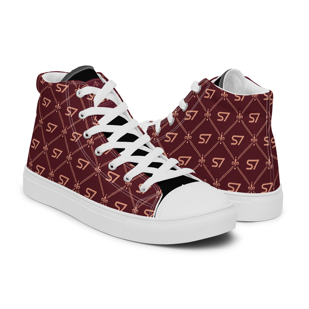 S7 Burgundy Royale women’s high-top canvas sneakers featuring rose-gold-tone S7 monograms and ornate diamond lattice on burgundy with black accents.