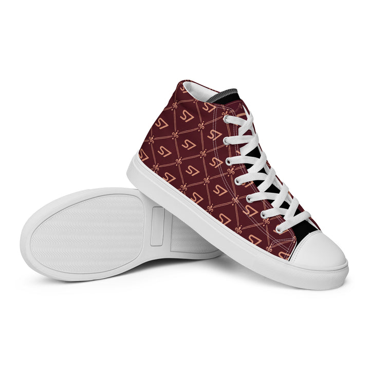 S7 Burgundy Royale women’s high-top canvas sneakers featuring rose-gold-tone S7 monograms and ornate diamond lattice on burgundy with black accents.