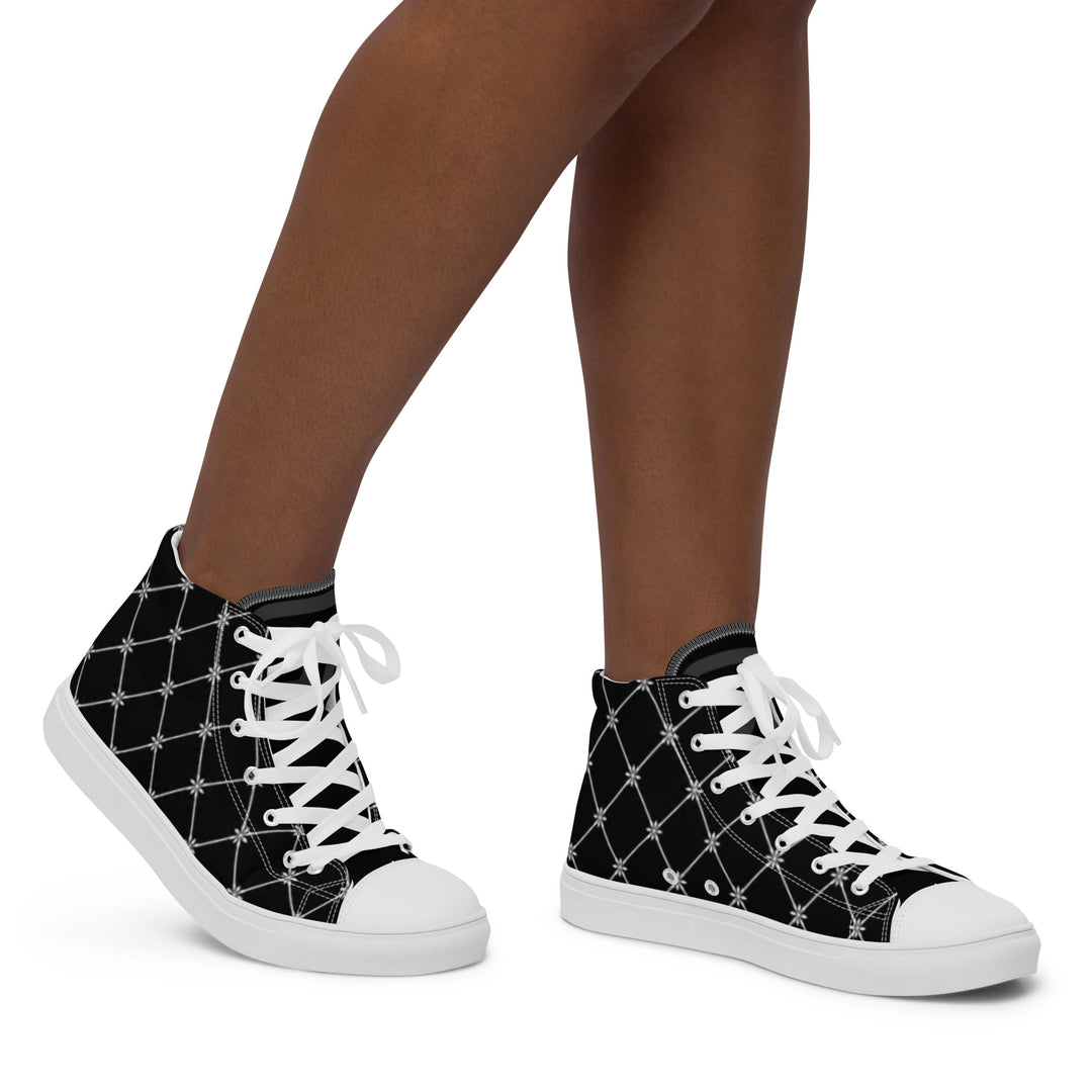 S7 Noir Lattice women’s sneakers featuring a fine white diamond lattice and ornamental print on a black background.