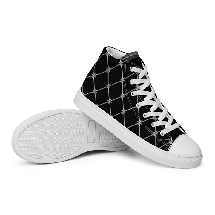 S7 Noir Lattice women’s sneakers featuring a fine white diamond lattice and ornamental print on a black background.