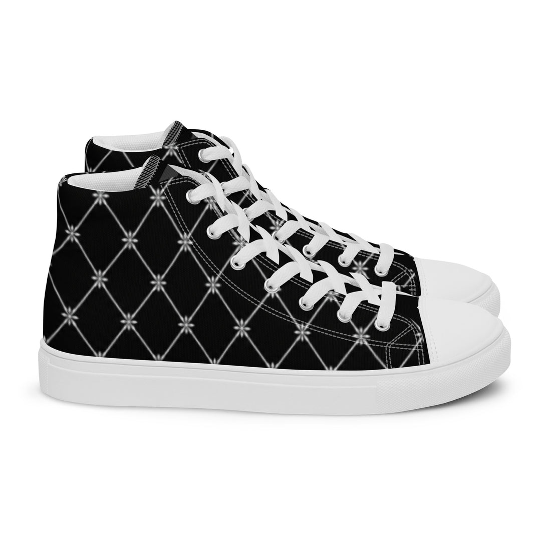 S7 Noir Lattice women’s sneakers featuring a fine white diamond lattice and ornamental print on a black background.