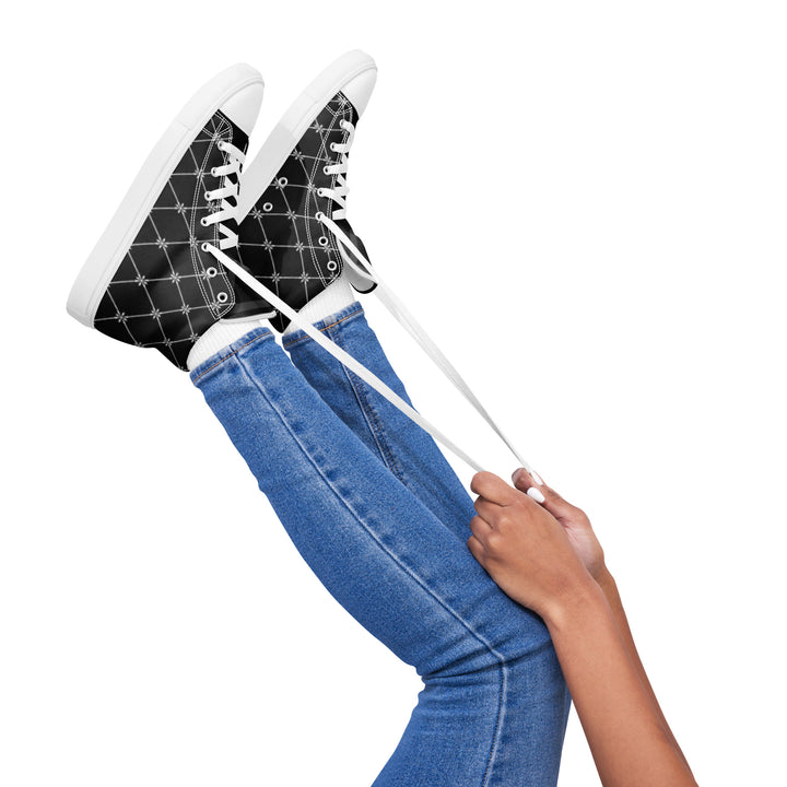 S7 Noir Lattice women’s sneakers featuring a fine white diamond lattice and ornamental print on a black background.