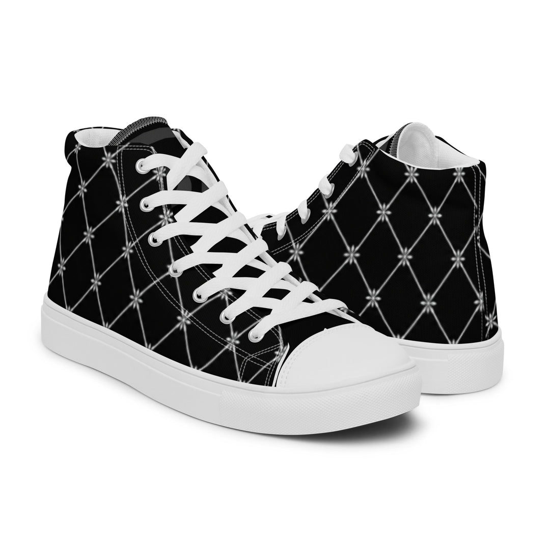 S7 Noir Lattice women’s sneakers featuring a fine white diamond lattice and ornamental print on a black background.